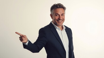 Happy confident mature 50 years old man leader standing isolated on white presenting business ads. Smiling professional businessman manager wearing suit pointing at copy space.