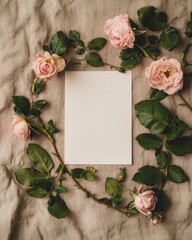 Minimalist blank white card surrounded by pink roses for elegant invitations and announcements