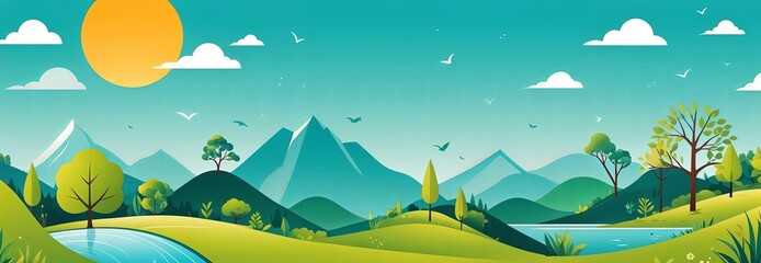 Obraz premium serene landscape of rolling green hills, majestic mountains, and lush trees under a bright blue sky. Perfect for a peaceful summer day.