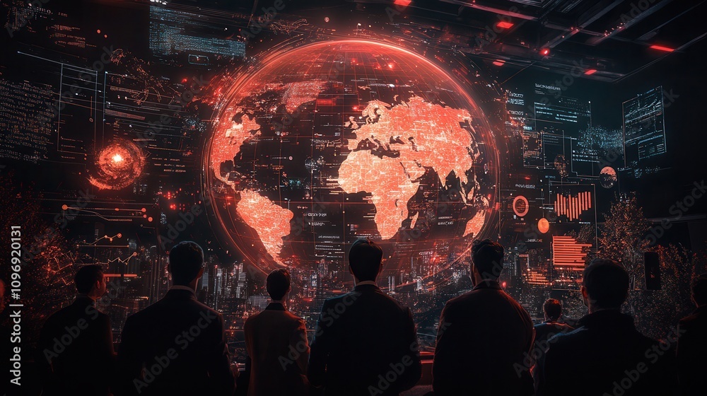 Aufkleber a futuristic scene depicting silhouettes of people observing a digital globe surrounded by data visu