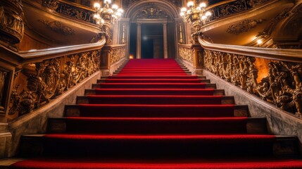 staircase with red carpet in a grand theater, ornate banisters, elegant lighting, evoking a sense of prestige