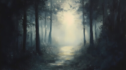 Fototapeta premium Dark forest path leading through trees with foggy mist and sunlight in the distance oil painting illustration. Mystic Twilight Path. Illustration