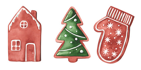 Watercolor set of illustrations of gingerbread cookies for the New Year isolated on a white background. A cozy knitted mitten, a house and a Christmas tree made of cookies