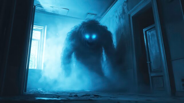A shadowy monster with glowing eyes stands in a dilapidated hallway, its presence filling the room with an eerie blue light.