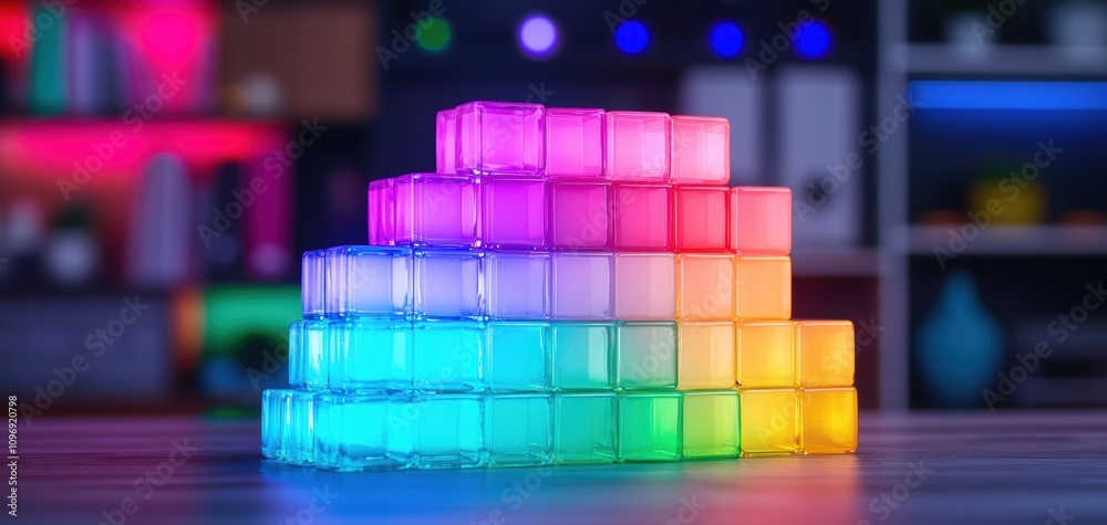 Poster coordination team spirit concept.a colorful pyramid of illuminated cubes set against a softly lit ba