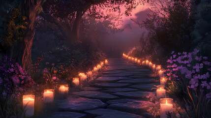 Fototapeta premium Candles lined along a stone path, creating a mystical vibe at dusk. Mystic Twilight Path. Illustration