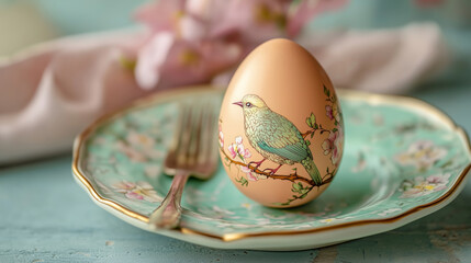 Elegant Easter egg with hand-painted bird and floral design on a vintage plate. Holiday table decoration.