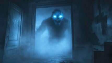 A terrifying blue monster with glowing eyes emerges from a foggy, abandoned room. - Powered by Adobe