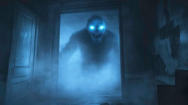 A terrifying blue monster with glowing eyes emerges from a foggy, abandoned room.