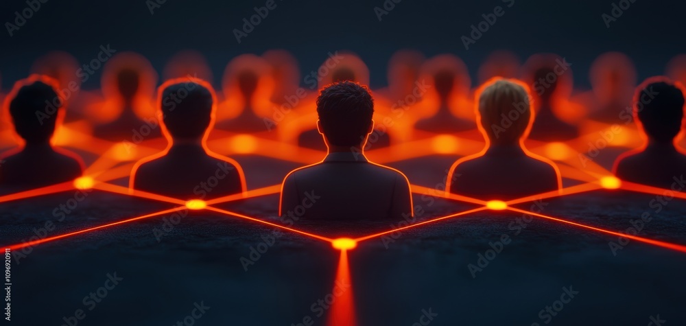 Poster coordination team spirit concept.a group of silhouettes connected by glowing lines, representing net