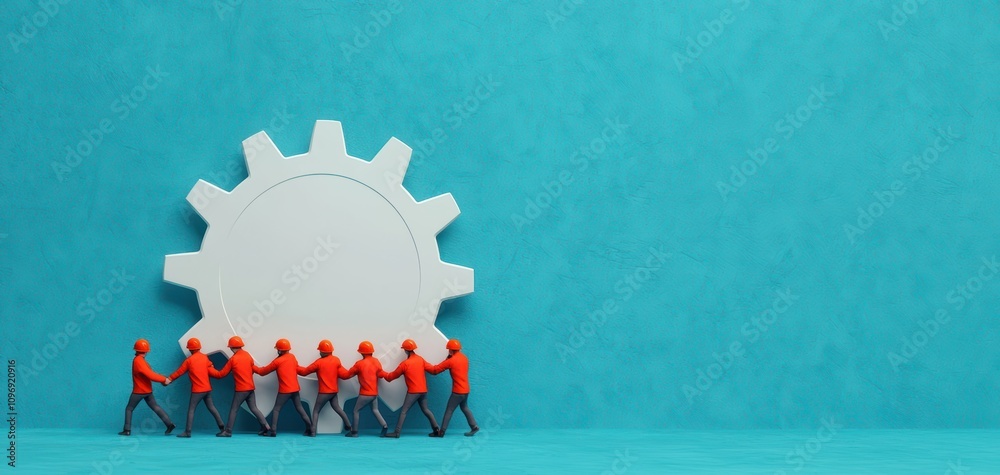 Aufkleber coordination team spirit concept.a group of miniature figures in red shirts pushes a large gear agai