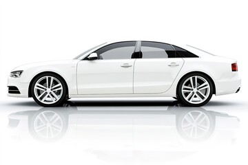 White luxury sedan car on reflective surface