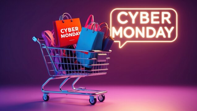 Cyber monday shopping extravaganza urban setting digital marketing content vibrant atmosphere consumerism concept