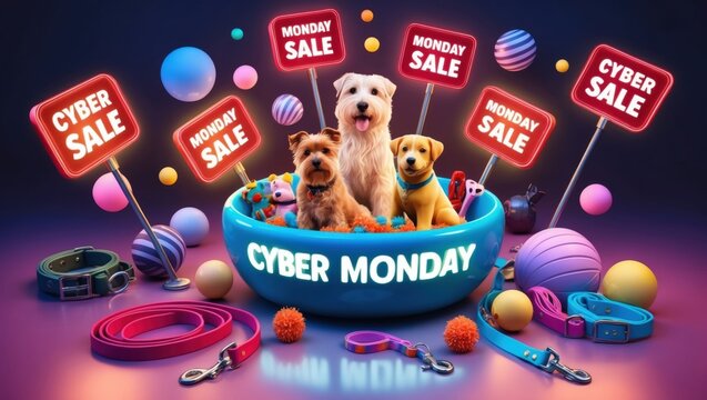 Cyber monday sale event featuring adorable pets in a fun and colorful environment for pet lovers