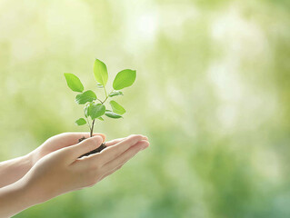 Hands holding a young sapling against a blurred green background, natural colors