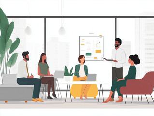 A diverse group of coworkers brainstorming in a modern office, natural lighting, professional attire, bright and clean workspace, vibrant yet minimalistic