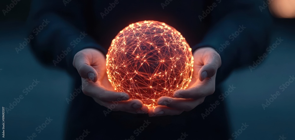 Poster coordination team spirit concept.a glowing orb of interconnected lines is held in two hands, symboli