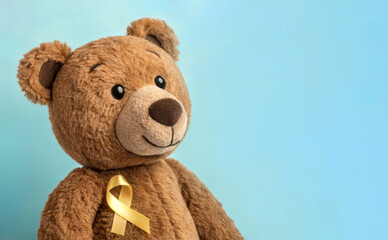 Teddy bear with gold ribbon symbolising awareness cancer and support for pediatric oncology.  Light blue background with space for text. 