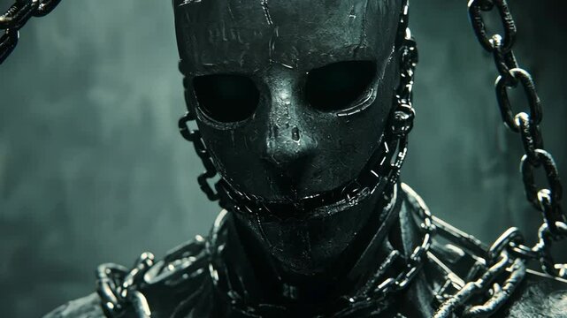 Mysterious figure in chains, revealing a haunting metallic face set in a dimly lit environment evoking a sense of foreboding and intrigue