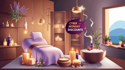 Cyber monday discounts on spa treatments wellness center digital art calm environment serene view self-care concept