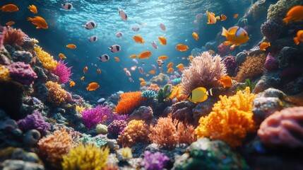 coral reef surrounded by vibrant sea creatures,