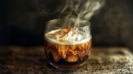 Creamy Coffee with Steam in a Glass on Wooden Surface