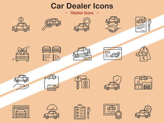 Icons depicting car dealership and sales themes in vector style