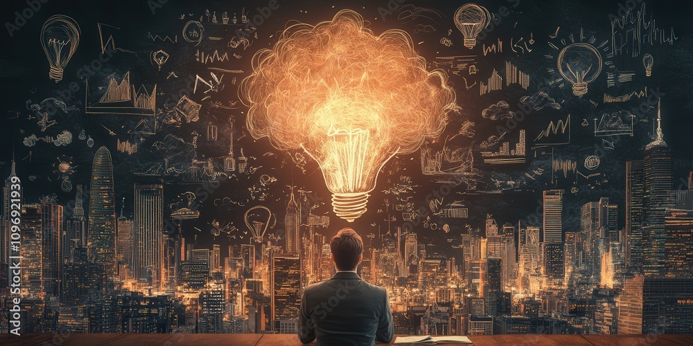 Poster a person contemplates ideas, represented by a glowing light bulb above a city skyline filled with sk