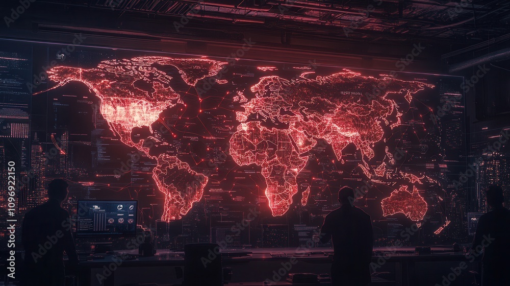 Poster A digital world map illuminated in red, showcasing a high-tech environment with silhouettes of people observing data.