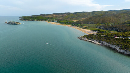 Aerial view of Portonuovo beach near Vieste, in the province of Foggia, Puglia, Italy. It is a sandy beach in Gargano and overlooks the Adriatic sea.