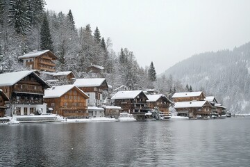 Fototapeta premium Hallstatt Winter Landscape with Lake and Wooden Houses in Snow. AI generated illustration