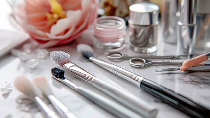 Head and shoulders of a blonde woman applying toner or lotion to her glowing, hydrated facial skin, after a shower. White background.