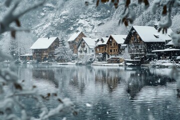Hallstatt Winter Landscape with Lake and Wooden Houses in Snow. AI generated illustration
