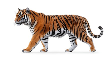 Obraz premium Majestic tiger walking, side profile, isolated on white.