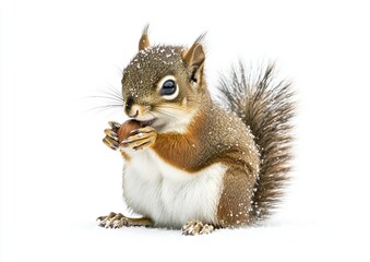 Fototapeta premium Red Squirrel Eating Nut in Snow, Cute Winter Wildlife Photography. AI generated illustration