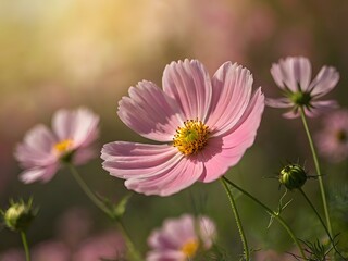 Obraz premium Pink Cosmos Flower in Soft Sunlight Blooming Meadow
