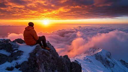 Obraz premium Man enjoying sunset view from snowy mountain peak above clouds.