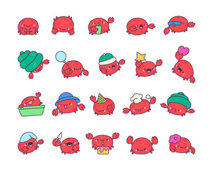 Fototapeta premium Cute kawaii crab cartoon characters for fun summer designs in various adorable poses with playful and joyful expressions including party and beach themes