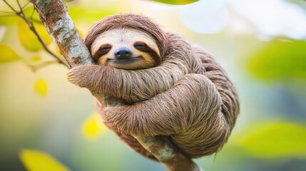 Fototapeta premium A cute sloth hanging on a tree branch, looking sleepy and relaxed with a gentle smile.