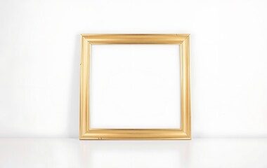 A simple, elegant wooden picture frame sits on a white desk against a plain white wall, illuminated by bright natural daylight.