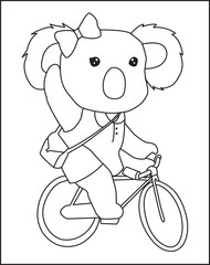 Cute Koala Riding a Bike outline doodle cartoon illustration. Bold and easy coloring book page activity for kids and adults.