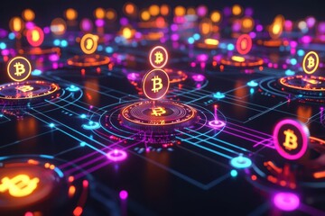 Night sky filled with digital currencies, glowing crypto tokens and blockchain connections, 3D illustration