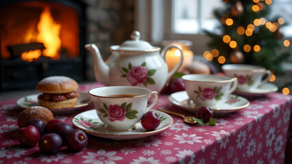 Fototapeta premium Cozy Winter Tea Set with Plum and Marzipan