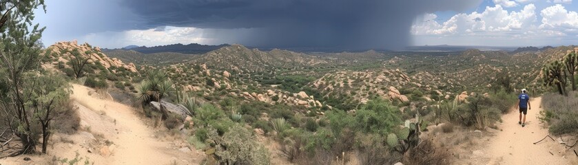 Obraz premium Hiking adventure amidst stormy skies scenic desert landscape outdoor activity arizona wide view nature exploration
