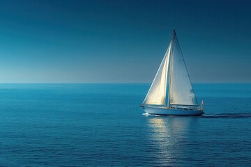 a striking white sailboat gracefully gliding through the deep blue ocean, captured in a panoramic view, creating a sense of freedom and adventure on the open water