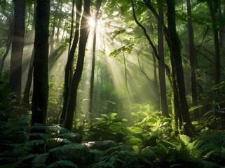 Obraz premium Sunbeams in Lush Rainforest Mystical Forest Scene