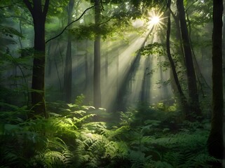 Obraz premium Sunbeams in Misty Forest Lush Green Canopy Ferns