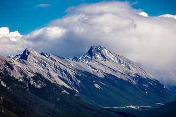 The mountain range is covered in snow