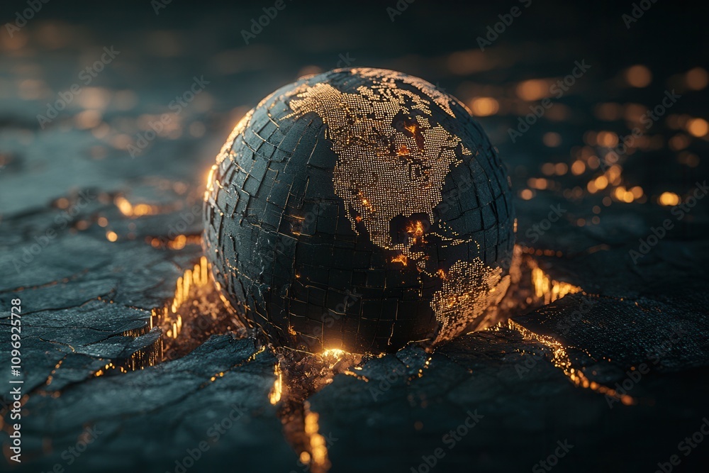 Aufkleber a glowing globe emerges from a dark, textured surface, illuminated by intricate patterns, evoking th