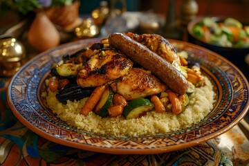 A vibrant Couscous Royal with fluffy grains, chicken, merguez, and colorful vegetables on a Moroccan plate, in warm rustic lighting